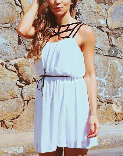Strappy White Dress With Belt White Chiffon Dress Summer Casual Girl Women Dress Fashion Beach Stretch Sundress Mini Short