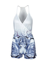 Strappy Wrap V Neck Floral Print Short Jumpsuit Casual Beach Sexy Women Romper Playsuit Summer Blue Romper Loose Overall 2016