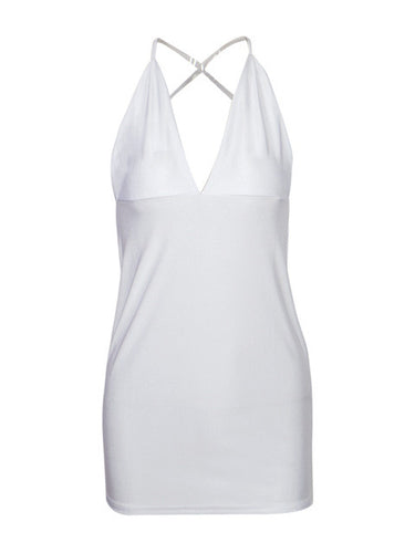String Spaghetti Strap Backless Deep V Neck Mini Bodycon Dress Sexy Club White Summer Dress Womens New Arrival 2016 Ladies
