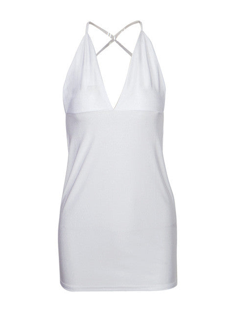 String Spaghetti Strap Backless Deep V Neck Mini Bodycon Dress Sexy Club White Summer Dress Womens New Arrival 2016 Ladies