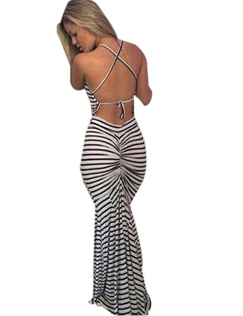 Striped Backless Bodycon Strappy Sexy Long Maxi New Woman Dresses 2016 Summer High Quality Dress Beach Party Club Dresses