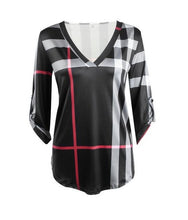 Striped Black V-Neck Shirt Half Sleeve White Button 3XL Plus Size Blouse 2016 New Casual Women Shirt New Summer Fall Women top