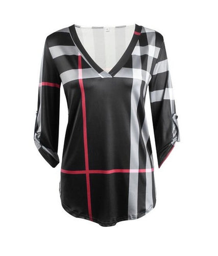 Striped Black V-Neck Shirt Half Sleeve White Button 3XL Plus Size Blouse 2016 New Casual Women Shirt New Summer Fall Women top