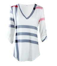 Striped Black V-Neck Shirt Half Sleeve White Button 3XL Plus Size Blouse 2016 New Casual Women Shirt New Summer Fall Women top
