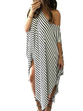 Striped Loose Slit Double Split Cotton One Shoulder Handkerchief Casual Fashion Dress Oversized Women Dresses Lady