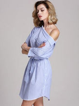 Striped One Shoulder Front Bowknot Shirt Dress Half Sleeve Button Summer Fashion Causal Knee Length Big Bow 2016 New Arrival