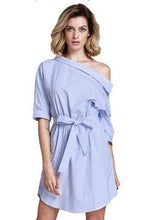 Striped One Shoulder Front Bowknot Shirt Dress Half Sleeve Button Summer Fashion Causal Knee Length Big Bow 2016 New Arrival