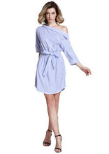 Striped One Shoulder Front Bowknot Shirt Dress Half Sleeve Button Summer Fashion Causal Knee Length Big Bow 2016 New Arrival