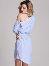 Striped One Shoulder Front Bowknot Shirt Dress Half Sleeve Button Summer Fashion Causal Knee Length Big Bow 2016 New Arrival