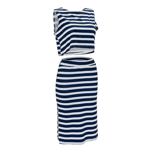 Striped Print Two Pieces Dress Crop Top Side Slit Dress Casual Beach Sexy Summer Beach Dress High Quality 2016 New Arrival Girl