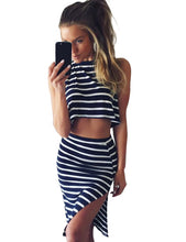Striped Print Two Pieces Dress Crop Top Side Slit Dress Casual Beach Sexy Summer Beach Dress High Quality 2016 New Arrival Girl