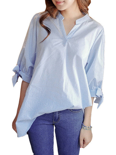 Striped V-Neck Bow-knot Loose Shift Blouses Women White Fashion Korean Style Casual Summer Blouse Tops Fashion High Quality 2016