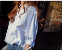 Striped V-Neck Bow-knot Loose Shift Blouses Women White Fashion Korean Style Casual Summer Blouse Tops Fashion High Quality 2016