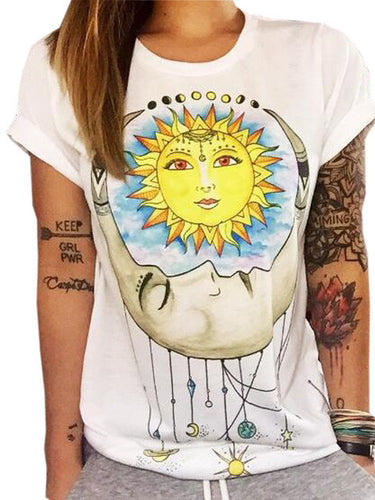 Sun Moon Colorful Cartoon Print Summer T Shirt Casual Fashion Girl Tee T-Shirt Short Top 2016 New Arrival Tshirt High Quality