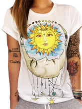 Sun Moon Colorful Cartoon Print Summer T Shirt Casual Fashion Girl Tee T-Shirt Short Top 2016 New Arrival Tshirt High Quality
