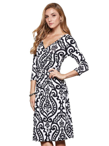 The Milk Silk Tribal Print Three Quarter Sleeve Dress Knee Length V-Neck Slim 2016 Women Autumn Club New Fashion Sexy Dress