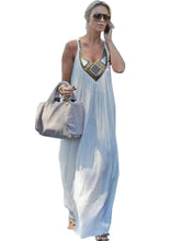 Tribal Print Geometric Pattern Ruched Tank Loose Long Maxi Beach White Dress Casual Bohemian Low Cut Fashion Ladies Sexy