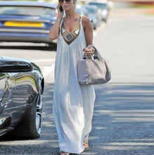 Tribal Print Geometric Pattern Ruched Tank Loose Long Maxi Beach White Dress Casual Bohemian Low Cut Fashion Ladies Sexy