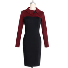 Turn-Down Collar Knee Length Slim Work Dress Patchwork Black Button Dress Zipper Full Sleeve Women Summer Fall Office Dress