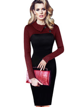 Turn-Down Collar Knee Length Slim Work Dress Patchwork Black Button Dress Zipper Full Sleeve Women Summer Fall Office Dress