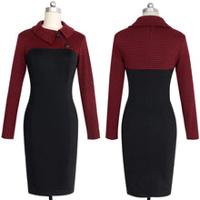 Turn-Down Collar Knee Length Slim Work Dress Patchwork Black Button Dress Zipper Full Sleeve Women Summer Fall Office Dress