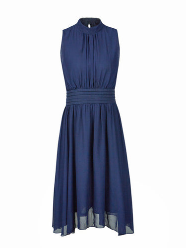 Turtle Neck Dress Ruched Navy Blue Knee Length Dress Chiffon Casual 2016 Elegant Navy Blue Dress Navy Knee Length Dress