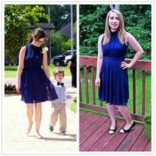 Turtle Neck Dress Ruched Navy Blue Knee Length Dress Chiffon Casual 2016 Elegant Navy Blue Dress Navy Knee Length Dress