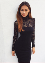 Turtle Neck Floral Lace Sleeve Patchwork Long Sleeve Bodycon Autumn Dress Women Elegant Pencil Dress Party Fashion 2017 Quality