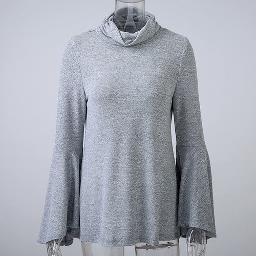 Turtle-Neck Solid Full Sleeve Grey Flared Sleeve Blouse Back Slit Ruched 2016 New Autumn Fashion Casual Backless Fall Blouse