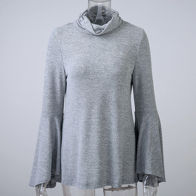 Turtle-Neck Solid Full Sleeve Grey Flared Sleeve Blouse Back Slit Ruched 2016 New Autumn Fashion Casual Backless Fall Blouse