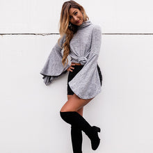 Turtle-Neck Solid Full Sleeve Grey Flared Sleeve Blouse Back Slit Ruched 2016 New Autumn Fashion Casual Backless Fall Blouse