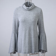 Turtle-Neck Solid Full Sleeve Grey Flared Sleeve Blouse Back Slit Ruched 2016 New Autumn Fashion Casual Backless Fall Blouse