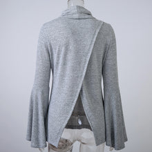 Turtle-Neck Solid Full Sleeve Grey Flared Sleeve Blouse Back Slit Ruched 2016 New Autumn Fashion Casual Backless Fall Blouse
