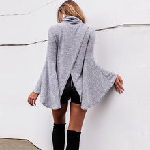 Turtle-Neck Solid Full Sleeve Grey Flared Sleeve Blouse Back Slit Ruched 2016 New Autumn Fashion Casual Backless Fall Blouse