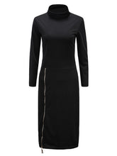 Turtle Neck Solid Zipper Full Sleeve Black Dress Fall Slim Mid-Calf Work Dresses For Women Autumn Casual Fashion 2016 Dress