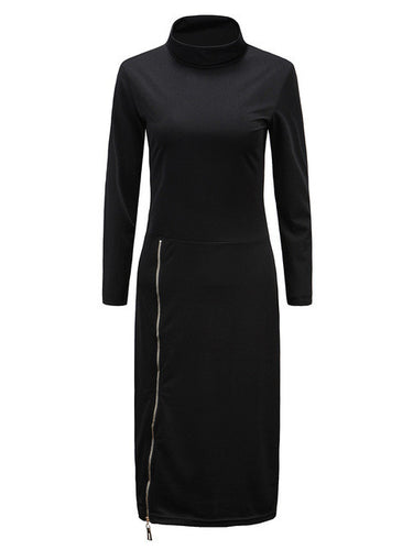 Turtle Neck Solid Zipper Full Sleeve Black Dress Fall Slim Mid-Calf Work Dresses For Women Autumn Casual Fashion 2016 Dress