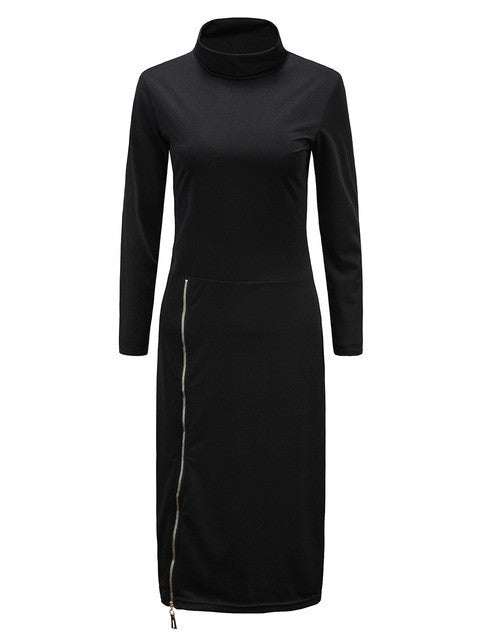 Turtle Neck Solid Zipper Full Sleeve Black Dress Fall Slim Mid-Calf Work Dresses For Women Autumn Casual Fashion 2016 Dress