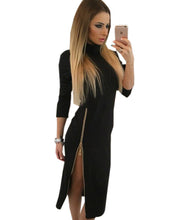 Turtle Neck Solid Zipper Full Sleeve Black Dress Fall Slim Mid-Calf Work Dresses For Women Autumn Casual Fashion 2016 Dress