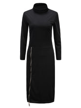 Turtle Neck Solid Zipper Full Sleeve Black Dress Fall Slim Mid-Calf Work Dresses For Women Autumn Casual Fashion 2016 Dress