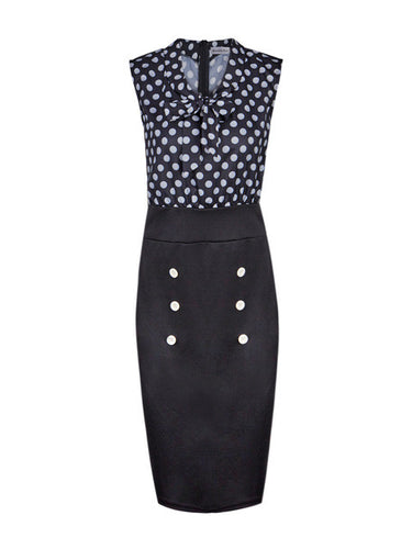 Tuxedo Pussy Front Bow Polka Dot High Waist Vintage Midi Bodycon Dress Pencil Button Sailor Retro Office Work Lady Dress 2016