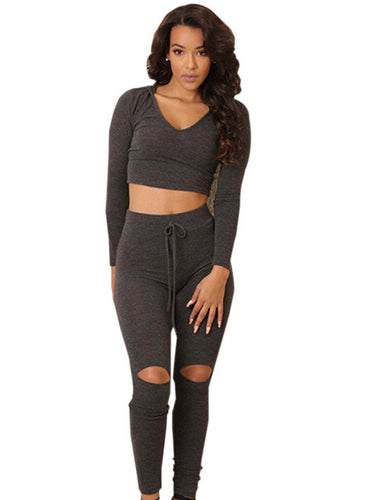 Two Piece Outfits Fitness Crop Top V Neck Sexy Jumpsuit Track Suit Knee Hole Bodycon Bandage Bodysuit Summer 2016 Fashion New