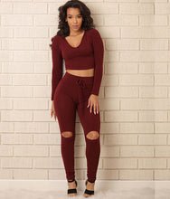Two Piece Outfits Fitness Crop Top V Neck Sexy Jumpsuit Track Suit Knee Hole New Bodycon Bandage Bodysuit Summer 2016 Fashion