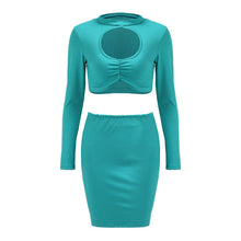 Two Piece Ruched Plus Size Two Piece Outfits Midriff Circle Open Mini Dress Long Sleeve Bodycon Sexy Club Party Green 2016 Lady