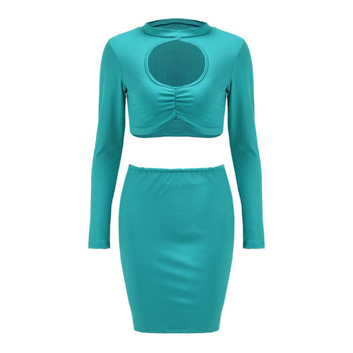 Two Piece Ruched Plus Size Two Piece Outfits Midriff Circle Open Mini Dress Long Sleeve Bodycon Sexy Club Party Green 2016 Lady