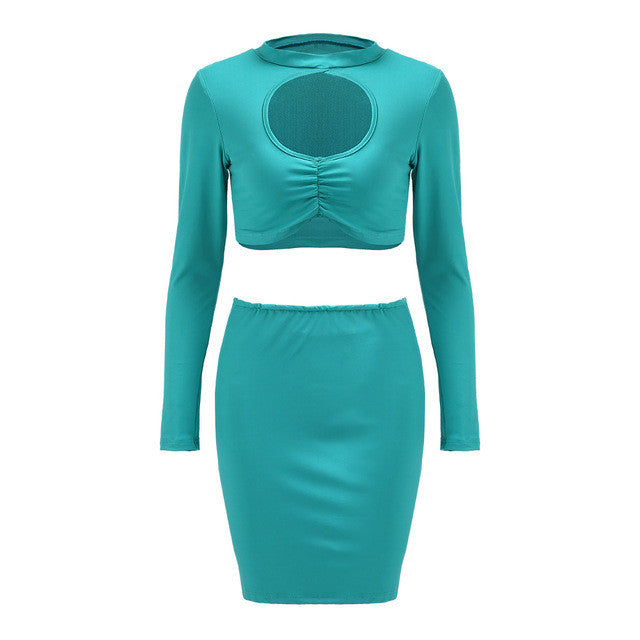 Two Piece Ruched Plus Size Two Piece Outfits Midriff Circle Open Mini Dress Long Sleeve Bodycon Sexy Club Party Green 2016 Lady