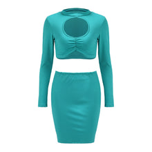 Two Piece Ruched Plus Size Two Piece Outfits Midriff Circle Open Mini Dress Long Sleeve Bodycon Sexy Club Party Green 2016 Lady