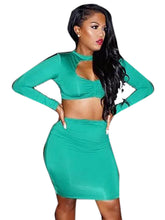 Two Piece Ruched Plus Size Two Piece Outfits Midriff Circle Open Mini Dress Long Sleeve Bodycon Sexy Club Party Green 2016 Lady