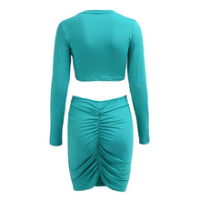 Two Piece Ruched Plus Size Two Piece Outfits Midriff Circle Open Mini Dress Long Sleeve Bodycon Sexy Club Party Green 2016 Lady
