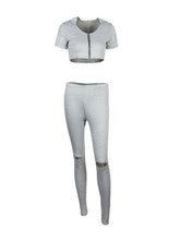 Two Pieces Jumpsuit Hooded Crop Open Knee V Neck Short Sleeve Gray Fitness Bodycon Overalls For Women 2016 Playsuit