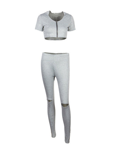 Two Pieces Jumpsuit Hooded Crop Open Knee V Neck Short Sleeve Gray Fitness Bodycon Overalls For Women 2016 Playsuit